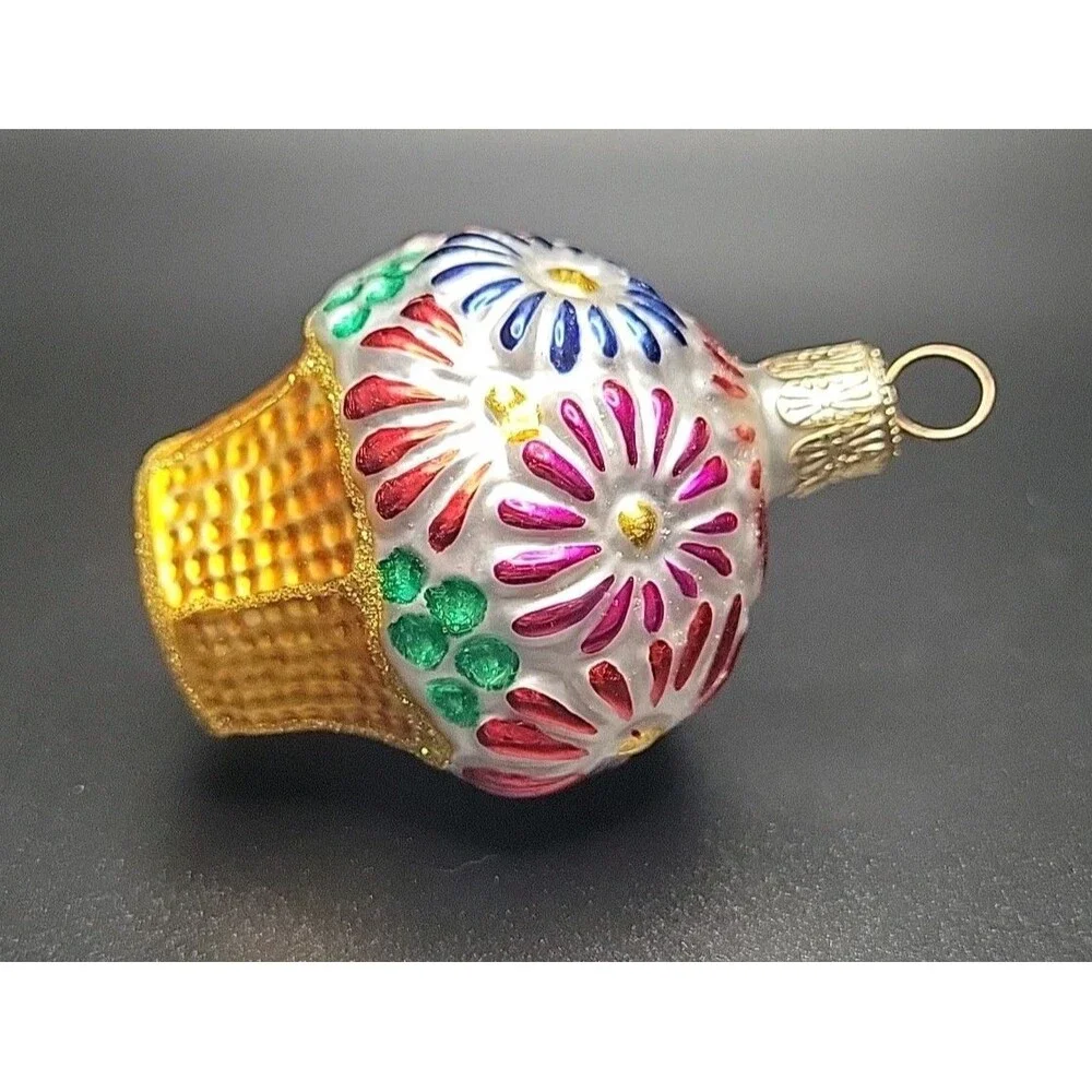 Vintage Czech Republic Blown Glass Flower Basket Christmas Ornament Mini 2.5”
